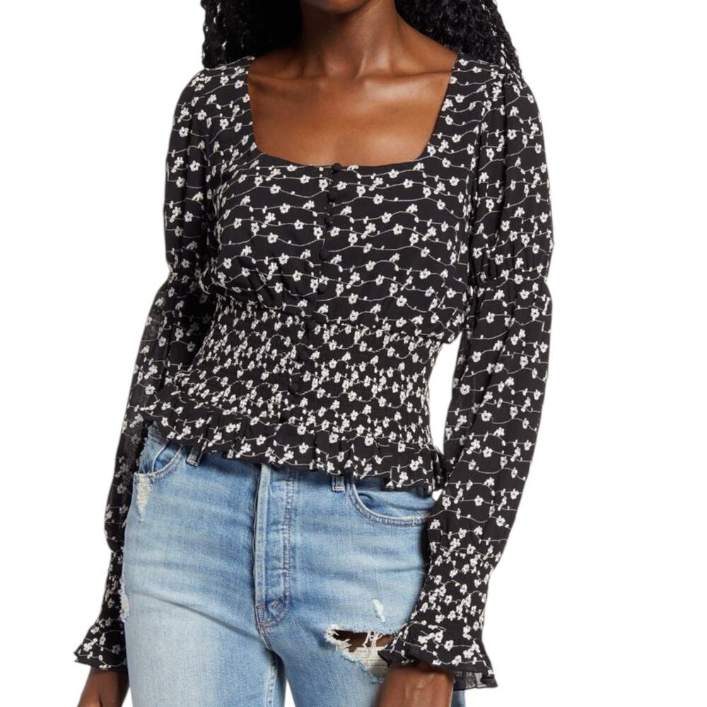 Code‎ X Mode Black White Floral Smocked Peplum Blouse Women's S Cottagecore Top